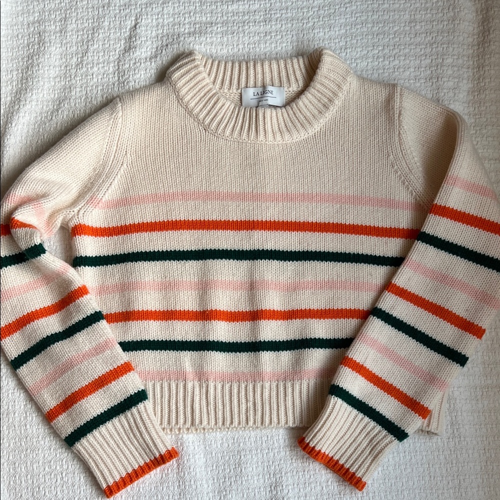 La Ligne Mini Marin Cream Sweater with Orange and Green Stripes